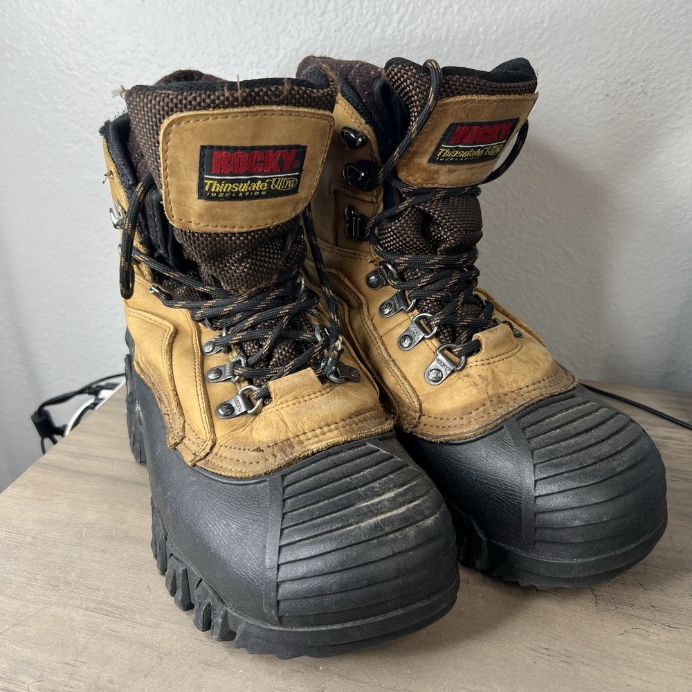 Vtg Rocky Men's 8 Leather‎ 600g Thinsulate Winter Snow Boots Tan Black 7915